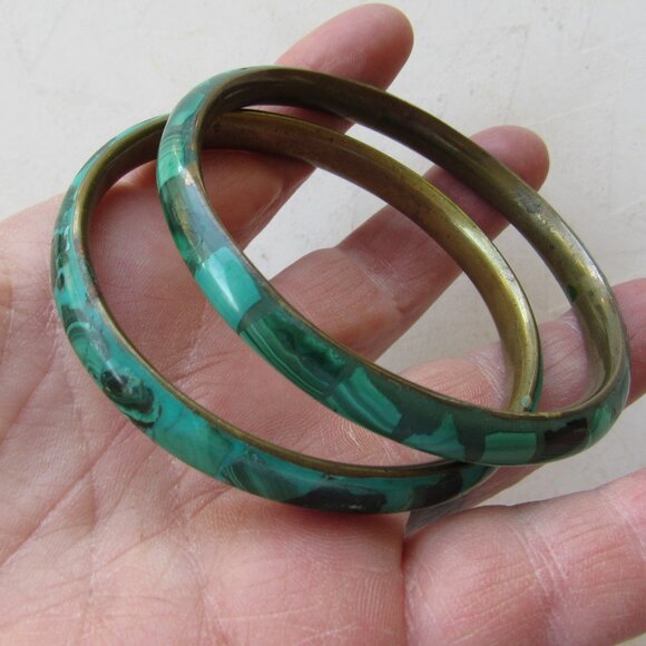 Set of 2 Green Malachite Stone and Brass Bangles - Picture 1 of 4